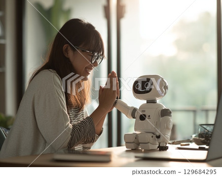 一位日本年輕女子微笑著與人工智慧機器人交談 129684295