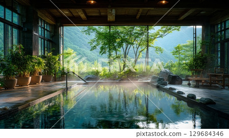 A hot spring inn overlooking the lush green mountains 129684346
