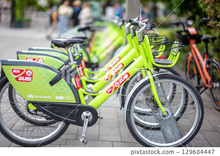 Row of green MOL Bubi rental bicycles parked on a city street in Budapest, Hungary 129684447