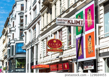 European City Street with Art Exhibition Signs European City Street with Art Exhibition Signs 129684455