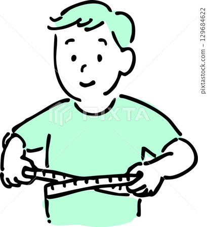 一名男孩測量腰圍的健康檢查插圖 一名男孩測量腰圍的健康檢查插圖 129684622