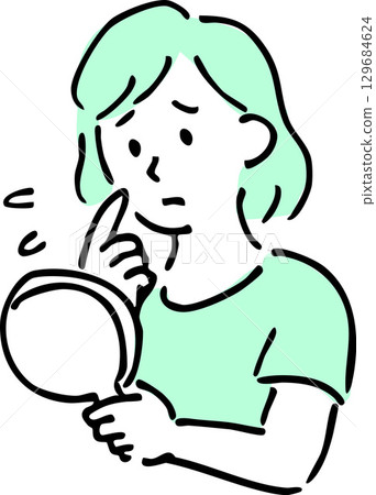 一位女士在鏡子裡檢查自己的皮膚狀況的插圖 129684624