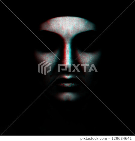 Abstract and scary looking woman face silhouette hiding in shadow in RGB color split effect Abstract and scary looking woman face silhouette hiding in shadow in RGB color split effect 129684641