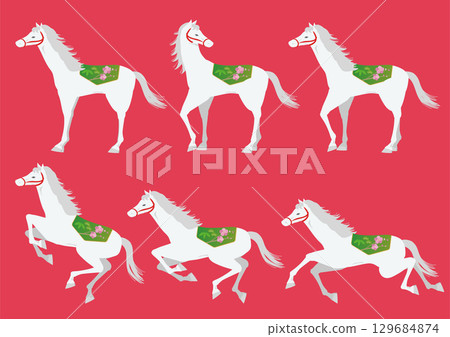A set of illustrations of a Japanese-style white horse in various poses for New Year's zodiac design 129684874