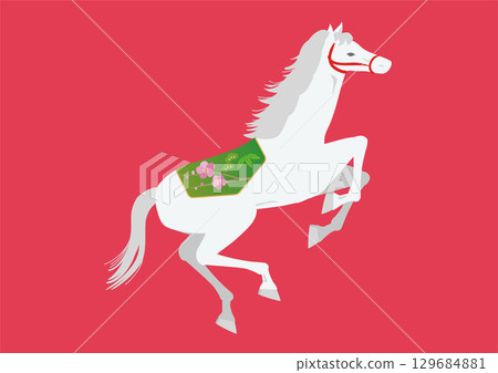 Illustration of a white horse standing on its hind legs for New Year's card design Illustration of a white horse standing on its hind legs for New Year's card design 129684881
