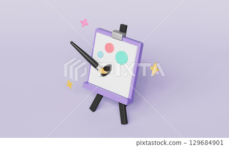 Painting  Easel Canvas and Brush Icon. 3D Rendering. 129684901