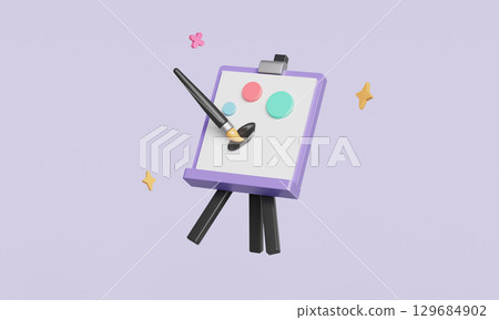 Painting  Easel Canvas and Brush Icon. 3D Rendering. 129684902