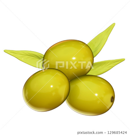Realistic 3D Olive Illustration with Leaf Isolated with Transparent Background 129685424