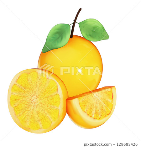 Realistic 3D Orange Set: Whole and Halved Fruit Illustration with Transparent Background 129685426
