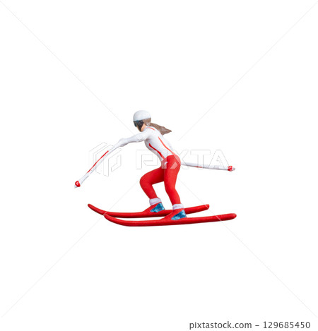 Miniature skier figure standing alone on white background with clean clipping path 129685450