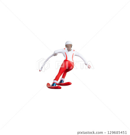 Miniature skier figure standing alone on white background with clean clipping path 129685451
