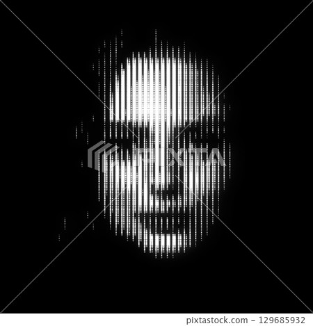 Woman portrait illustration in halftone black and white television screen pixels pattern Woman portrait illustration in halftone black and white television screen pixels pattern 129685932