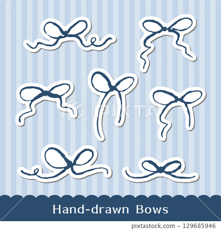 Hand-drawn ribbon and bow set. White border, sticker-style illustration. Hand-drawn ribbon and bow set. White border, sticker-style illustration. 129685946