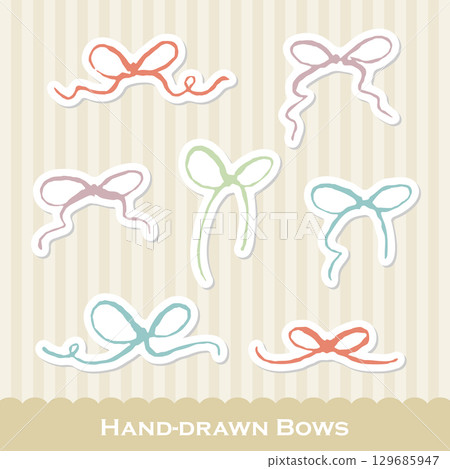 Hand-drawn ribbon and bow set. White border, sticker-style, muted pastel color illustrations. Hand-drawn ribbon and bow set. White border, sticker-style, muted pastel color illustrations. 129685947
