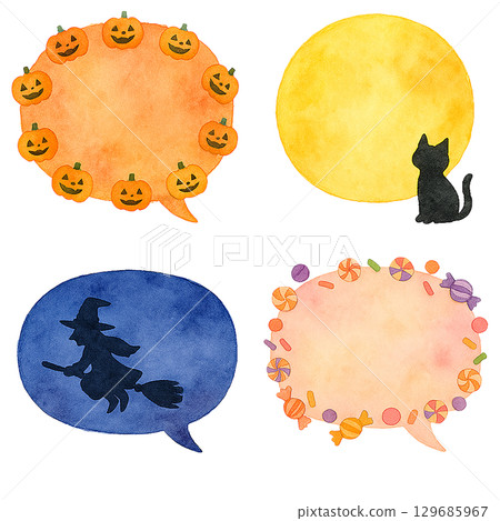 水彩萬聖節對話泡泡套裝:南瓜燈、黑貓、女巫、糖果、插畫素材 水彩萬聖節對話泡泡套裝:南瓜燈、黑貓、女巫、糖果、插畫素材 129685967