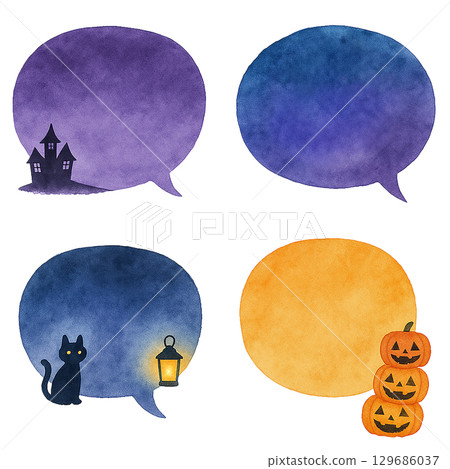 Watercolor Halloween speech bubble set: castle, black cat and lantern, pumpkin, night sky, illustration material 129686037