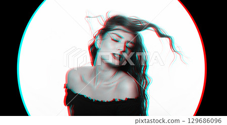 Beautiful woman with long wavy flying hair sensual studio portrait in RGB color split effect style 129686096