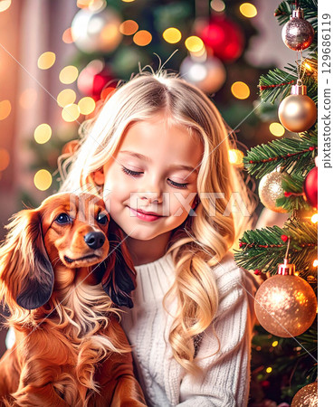 Dachshund and girl Dachshund and girl 129686119