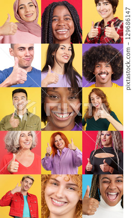 Mosaic of people gesturing agreement raising a thumb up Mosaic of people gesturing agreement raising a thumb up 129686147