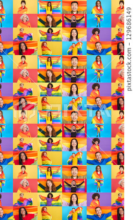 Infinite mosaic of multiethnic people with a lgbt rainbow flag 129686149