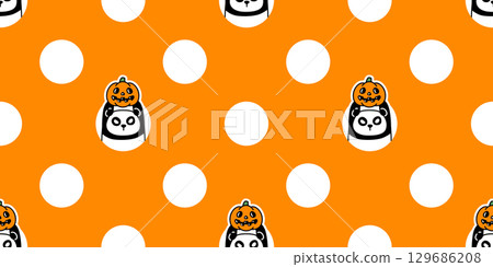 panda bear seamless pattern pumpkin halloween cartoon jack o lantern polar bear vector doodle teddy polka dot tile background gift wrapping paper scarf isolated repeat wallpaper illustration design 129686208