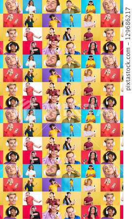 Infinite mosaic of people listening music with mobile and headphones 129686217