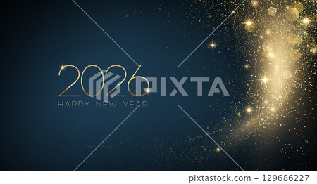 2026 Merry Christmas and Happy New Year Abstract Shiny Gold Glitter Wave Background. Bokeh and Confetti Design Element for Banner, Poster, Website Congratulations. 129686227