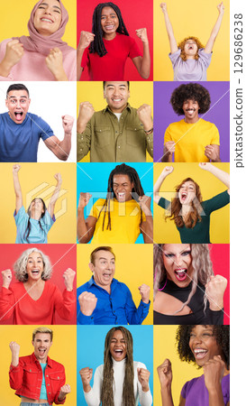 Mosaic of multicultural people celebrating raising arms and fists 129686238