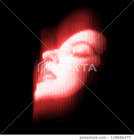 Woman portrait illustration in halftone black and white television screen pixels pattern 129686475
