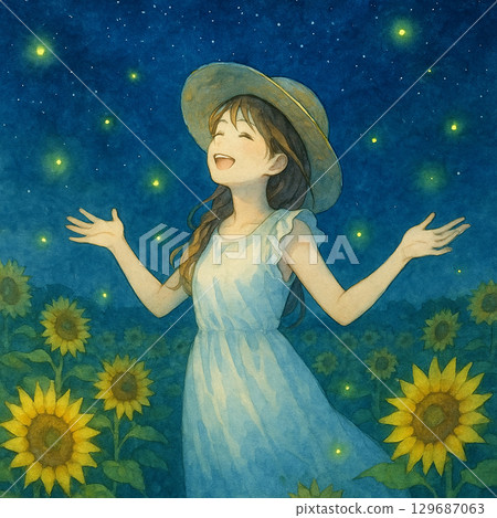 在夜晚螢火蟲飛舞的向日葵田裡，一個女孩張開雙臂微笑 129687063