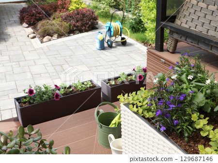 Flower arrangement in a wicker pot. Ampel white and purple lobelia. Garden tools. Top view.  129687146