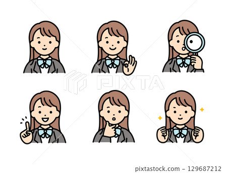 Female student facial expression illustration set upper body Female student facial expression illustration set upper body 129687212