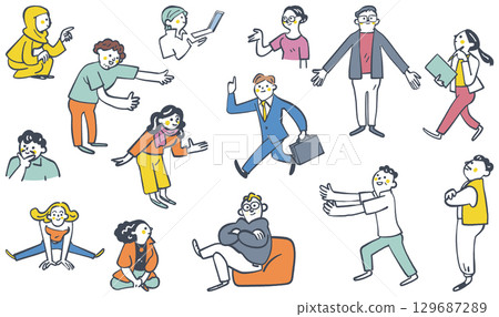 Stock illustrations of a set of international people active in various scenes 129687289
