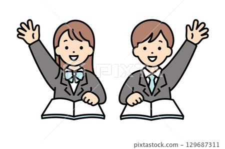 Illustration material of male and female students raising their hands during class 129687311