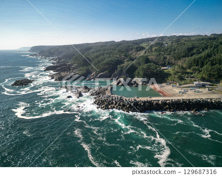 Aerial view of Samuraihama Beach, Iwate Prefecture, with its huge rocks and coastline Aerial view of Samuraihama Beach, Iwate Prefecture, with its huge rocks and coastline 129687316