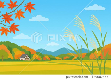 秋季鄉村風景楓葉和紫草 129687343