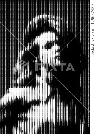 Woman portrait illustration in halftone black and white television screen pixels pattern 129687429