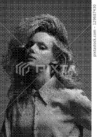 Abstract woman portrait illustration in halftone black and white bitmap pixels pattern 129687430