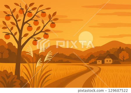 秋季日落天空鄉村風景柿子樹銀草 129687522