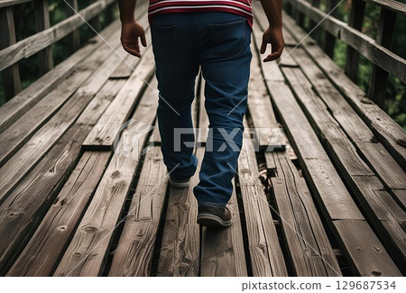 A man wearing jeans crossing a wooden bridge 129687534