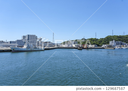 Kurihama Port ferry pier seen from the sea Kurihama Port ferry pier seen from the sea 129687587