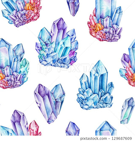 Crystal minerals seamless pattern decor element on white background. Hand drawn watercolor illustration. Vibrant colorful gemstone decoration for textile, print, packaging 129687609