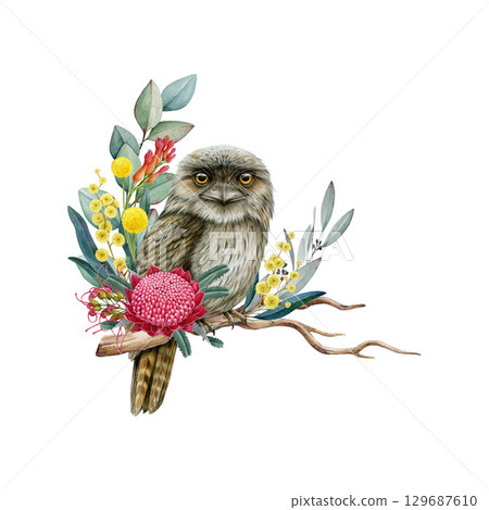 Tawny frogmouth with Australia native floral decor vintage style hand drawn illustration. Australian bird decorated with golden wattle, grevillea, waratah flowers isolated on white background Tawny frogmouth with Australia native floral decor vintage style hand drawn illustration. Australian bird decorated with golden wattle, grevillea, waratah flowers isolated on white background 129687610
