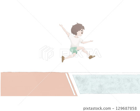 一個男孩跳遠的水彩插圖 129687858