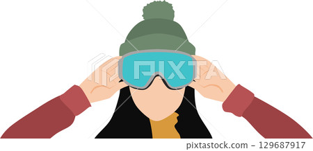 Illustration of a woman wearing goggles to go snowboarding (skiing) on a snowy mountain in winter Illustration of a woman wearing goggles to go snowboarding (skiing) on a snowy mountain in winter 129687917