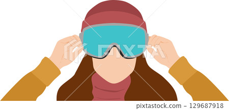 Illustration of a woman wearing goggles to go snowboarding (skiing) on a snowy mountain in winter 129687918