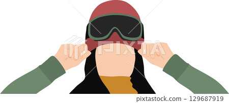 Illustration of a woman wearing goggles to go snowboarding (skiing) on a snowy mountain in winter Illustration of a woman wearing goggles to go snowboarding (skiing) on a snowy mountain in winter 129687919
