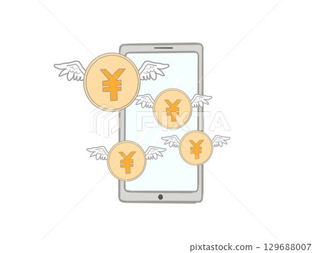 Illustration of a winged Japanese yen coin and mobile phone 129688007