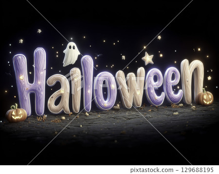 Halloween handwritten text with glowing pumpkins ghost stars and bats magical spooky autumn night party festive background design 129688195