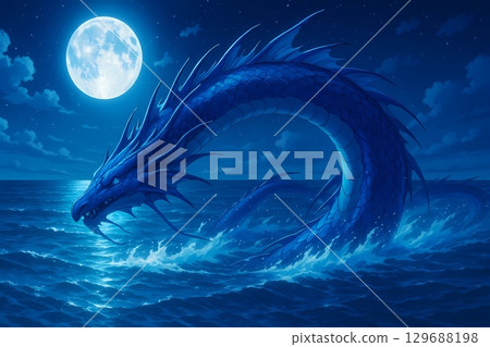 一隻藍色的巨獸在月光下的海中游動 129688198
